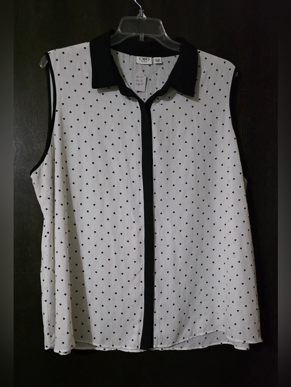 CATO Black & White Sleeveless Button-Front Sheer Heart Pattern Women's Sz 26/28W